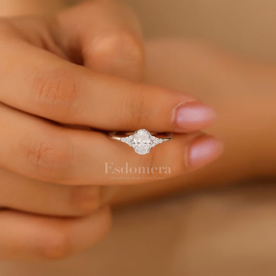Minimalist 1CT Oval Moissanite Cluster Engagement Ring 14K White Gold Women Ring