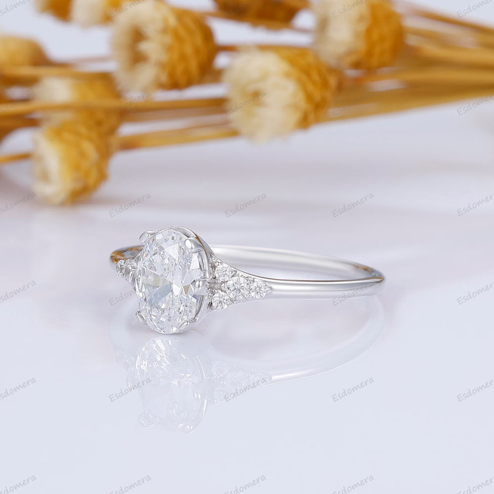 Minimalist 1CT Oval Moissanite Cluster Engagement Ring 14K White Gold Women Ring