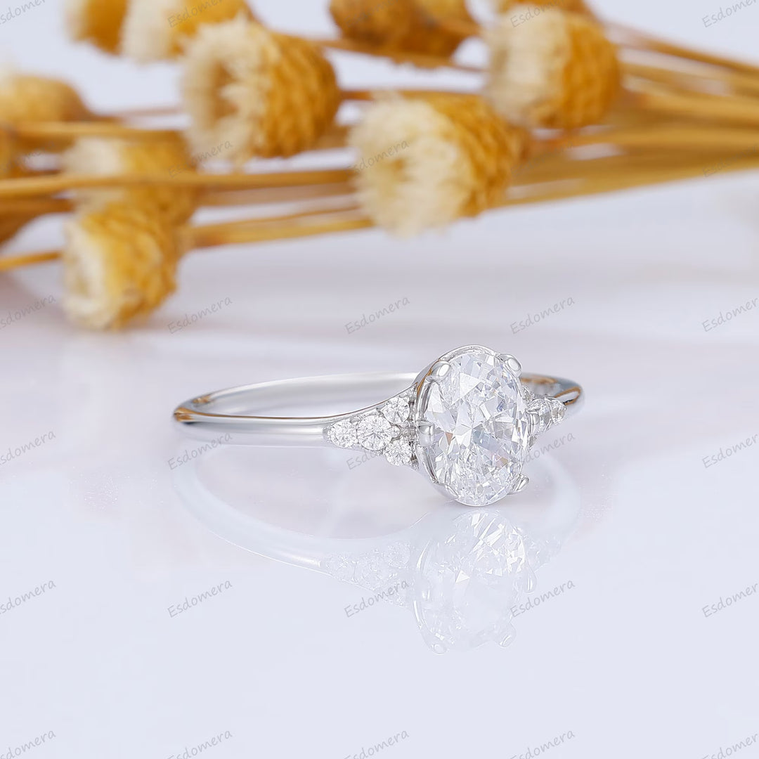 Minimalist 1CT Oval Moissanite Cluster Engagement Ring 14K White Gold Women Ring