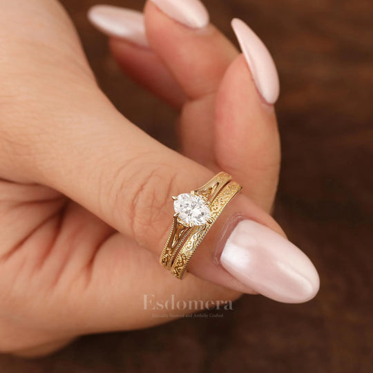 Vintage Solid 14k Gold Filigree Moissanite Ring Set 2pcs Oval 1CT Moissanite Bridal Ring Set Stacking Band