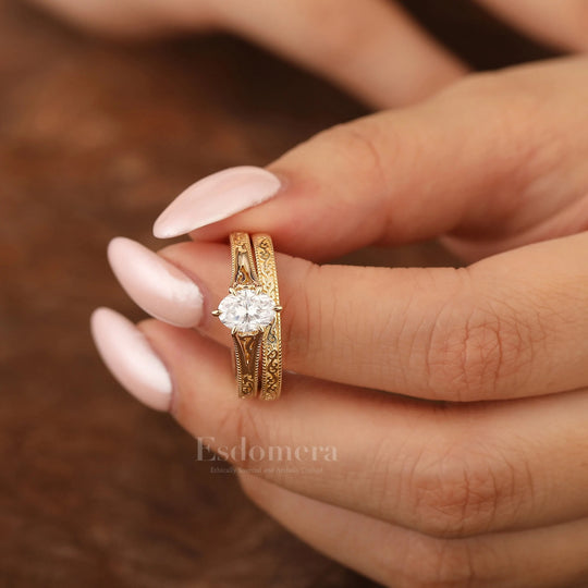 Vintage Solid 14k Gold Filigree Moissanite Ring Set 2pcs Oval 1CT Moissanite Bridal Ring Set Stacking Band