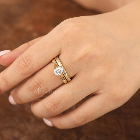 Vintage Solid 14k Gold Filigree Moissanite Ring Set 2pcs Oval 1CT Moissanite Bridal Ring Set Stacking Band