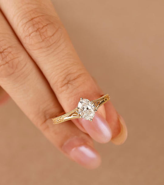 Artesanal Anillo de Compromiso con Diamante Ovalado de Laboratorio Corte Solitario Anillo de Mujer Filigranado (Certificado IGI)