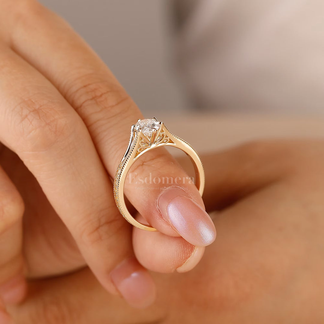 Artesanal Anillo de Compromiso con Diamante Ovalado de Laboratorio Corte Solitario Anillo de Mujer Filigranado (Certificado IGI)