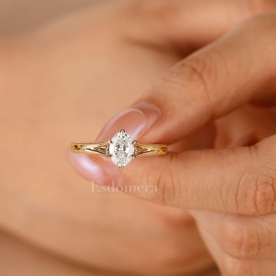 Artsy Solitaire Oval Cut Lab Grown Diamond Engagement Ring Filigreed Women Ring (IGI Certified)
