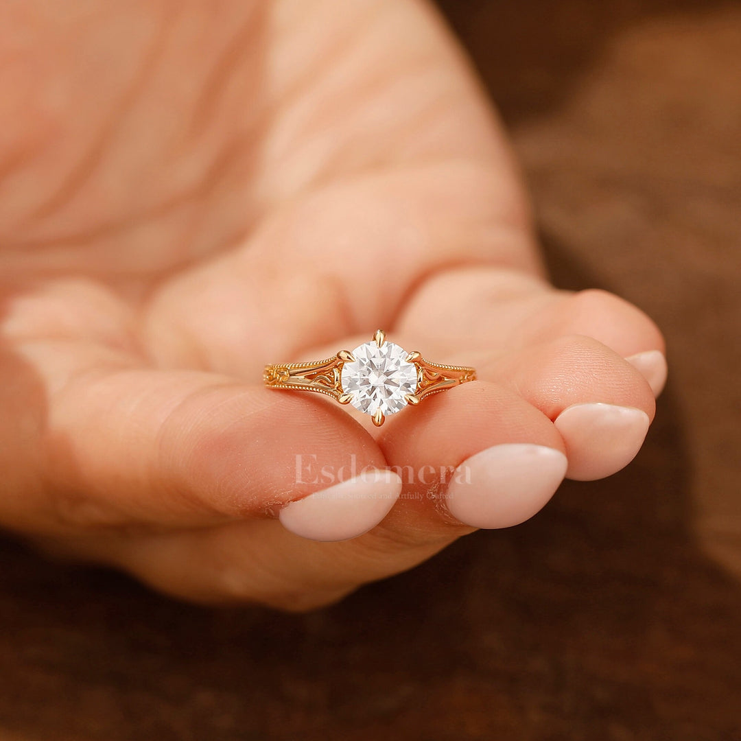 Vintage Solitaire Round Lab Grown Diamond Women Ring Filigree Style Solid Gold Engagement Ring (IGI Certified)