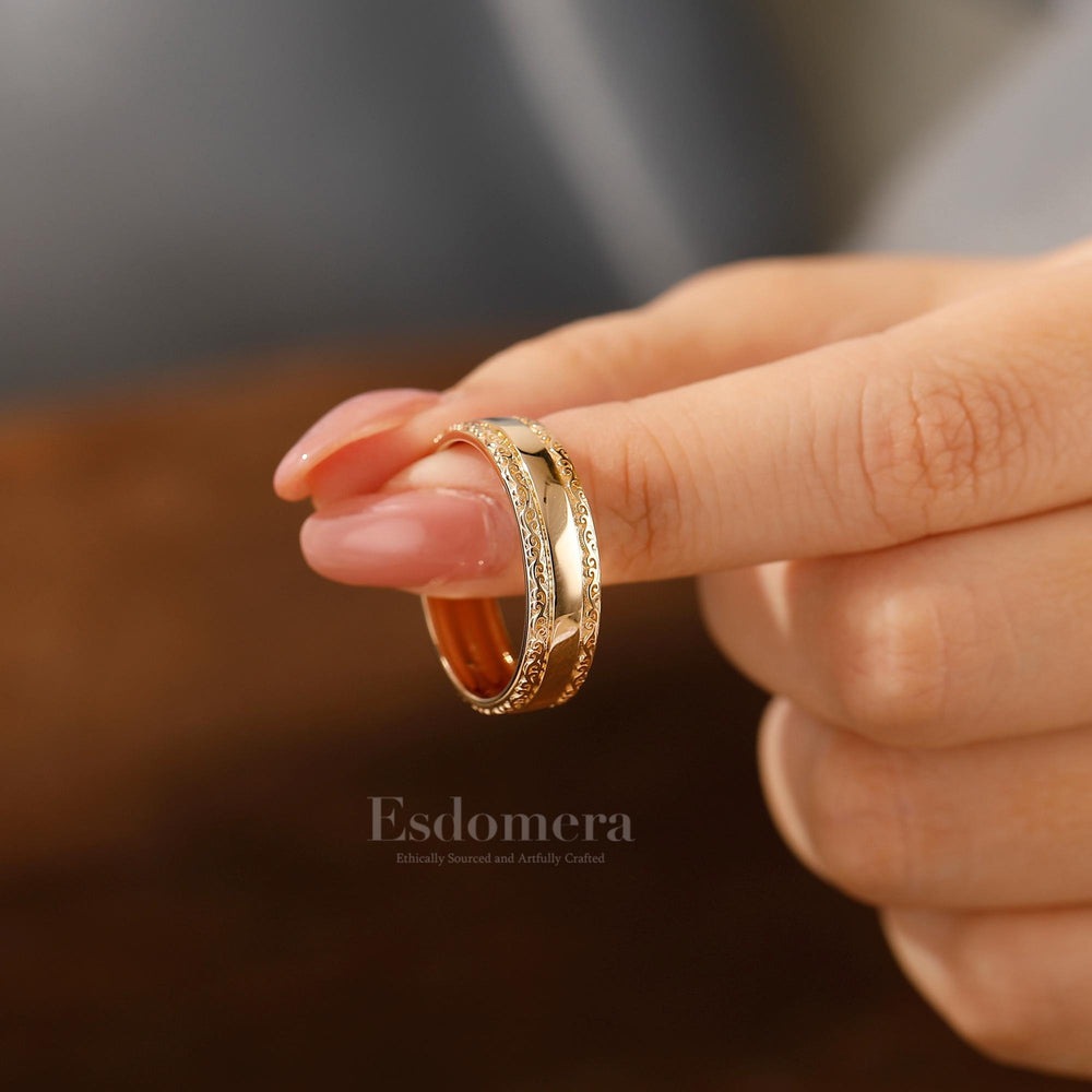 Filigree Engraved Solid Gold Men's Ring Art Deco 6mm Yellow Gold Wedding Band For Men