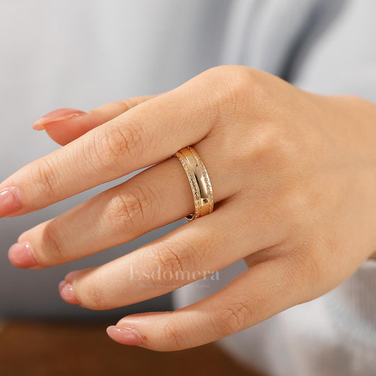 Filigree Engraved Solid Gold Men's Ring Art Deco 6mm Yellow Gold Wedding Band For Men