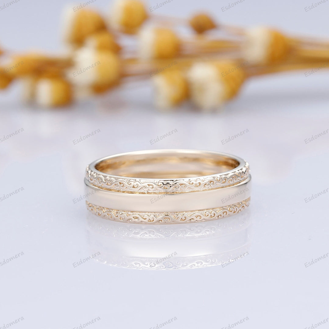 Filigree Engraved Solid Gold Men's Ring Art Deco 6mm Yellow Gold Wedding Band For Men