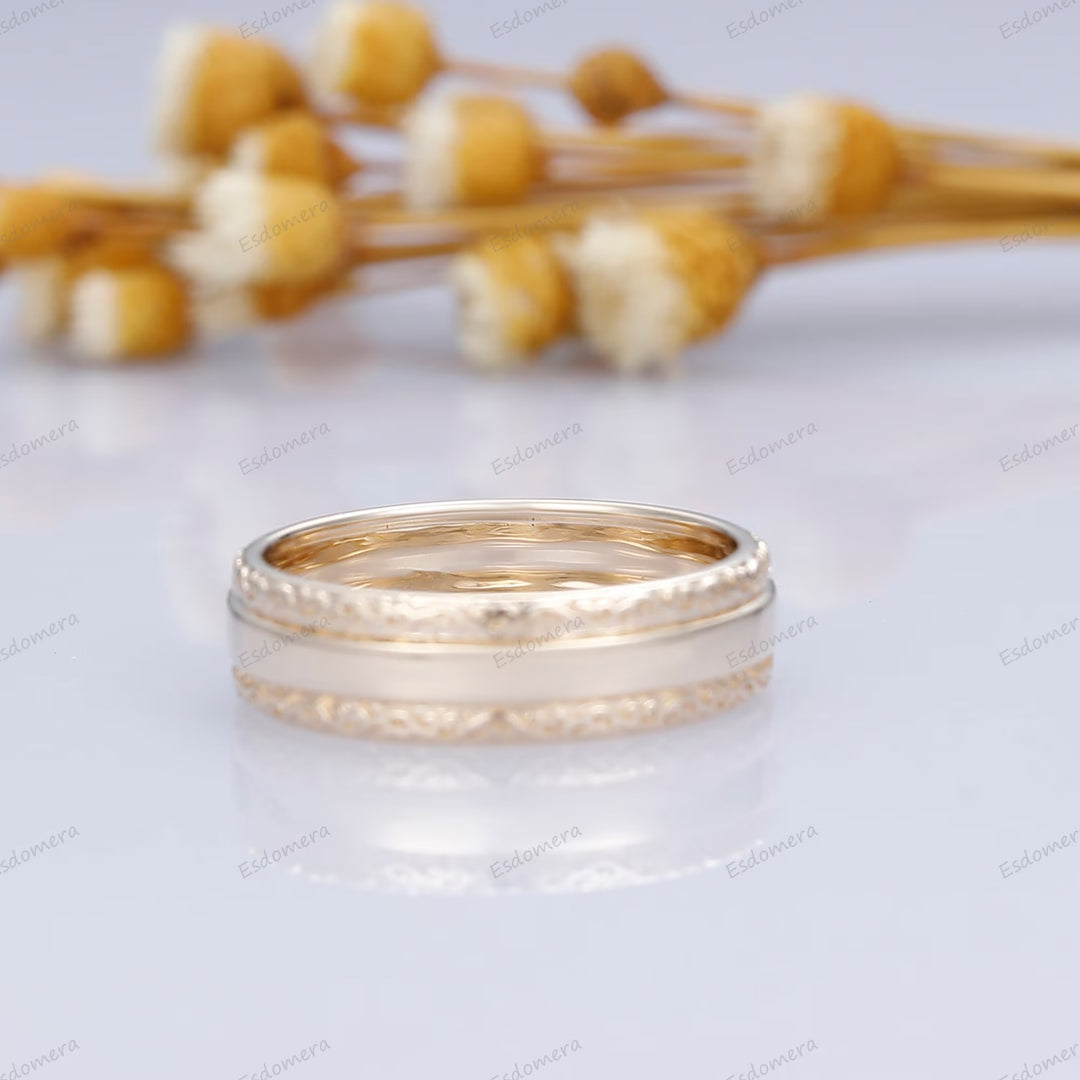 Filigree Engraved Solid Gold Men's Ring Art Deco 6mm Yellow Gold Wedding Band For Men