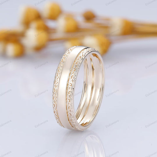 Filigree Engraved Solid Gold Men's Ring Art Deco 6mm Yellow Gold Wedding Band For Men