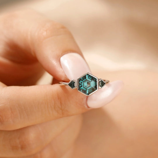 Hexagon Cut Blue Green Sapphire Ring Bezel Set Teal Sapphire Engagement Ring September Birthstone Women Ring