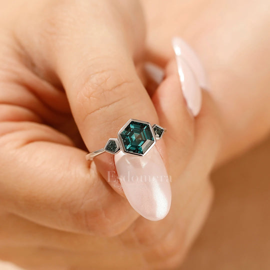 Hexagon Cut Blue Green Sapphire Ring Bezel Set Teal Sapphire Engagement Ring September Birthstone Women Ring