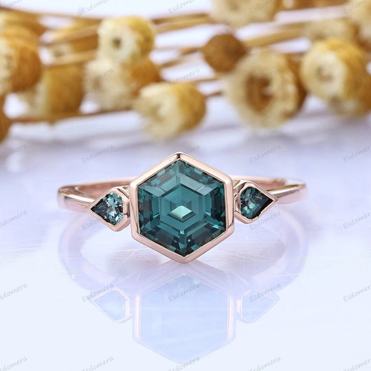 Hexagon Cut Blue Green Sapphire Ring Bezel Set Teal Sapphire Engagement Ring September Birthstone Women Ring