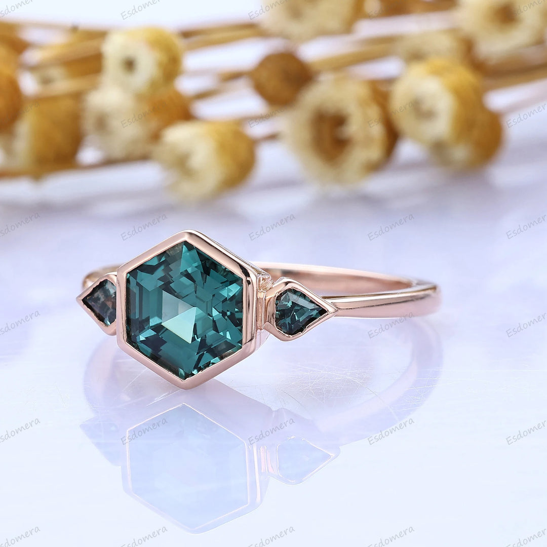 Hexagon Cut Blue Green Sapphire Ring Bezel Set Teal Sapphire Engagement Ring September Birthstone Women Ring