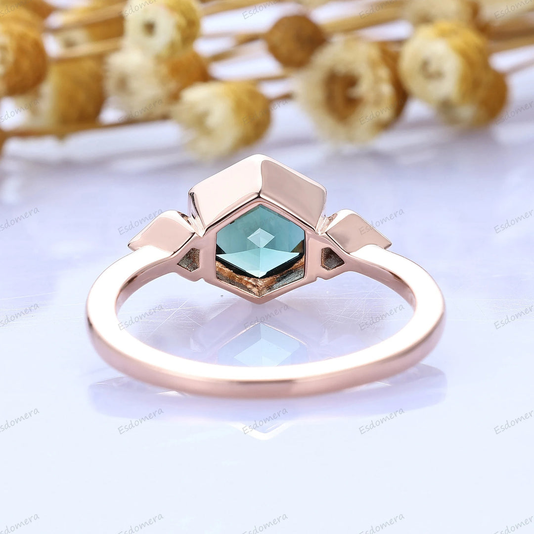 Hexagon Cut Blue Green Sapphire Ring Bezel Set Teal Sapphire Engagement Ring September Birthstone Women Ring