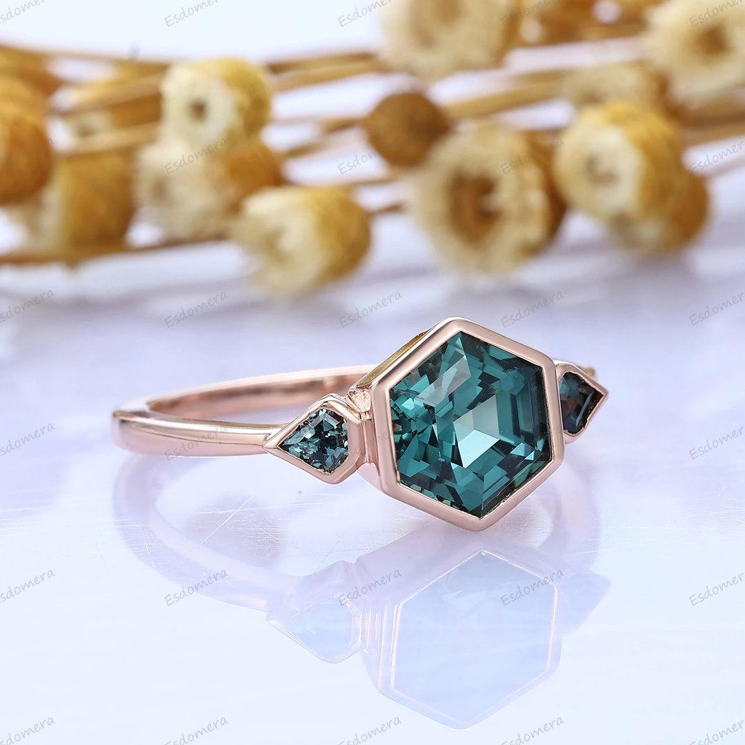 Hexagon Cut Blue Green Sapphire Ring Bezel Set Teal Sapphire Engagement Ring September Birthstone Women Ring