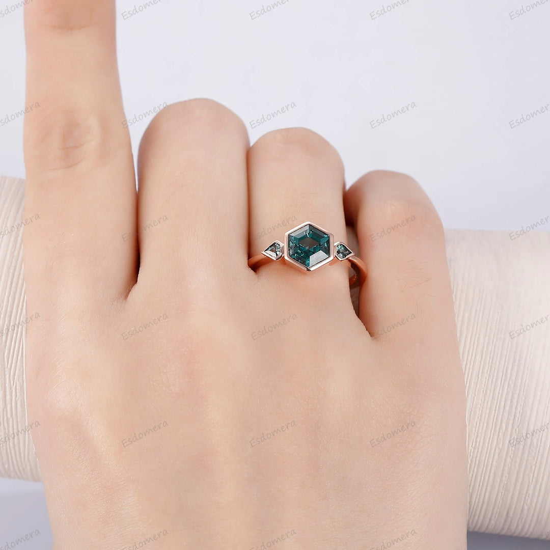 Hexagon Cut Blue Green Sapphire Ring Bezel Set Teal Sapphire Engagement Ring September Birthstone Women Ring