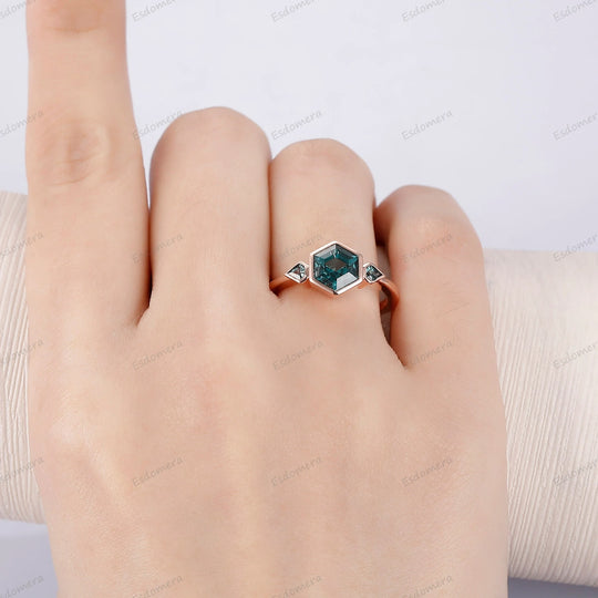 Hexagon Cut Blue Green Sapphire Ring Bezel Set Teal Sapphire Engagement Ring September Birthstone Women Ring