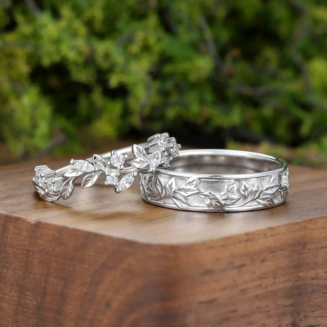 Moissanite Leaf Engraving Marriage Ring Set 2pcs Solid Gold Couple Rings Hand Carved Wedding Bands -  Esdomera.com