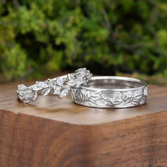 Moissanite Leaf Engraving Marriage Ring Set 2pcs Solid Gold Couple Rings Hand Carved Wedding Bands -  Esdomera.com