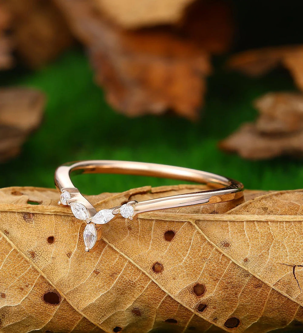 Dainty Curved V Shaped Lab Grown Diamond Wedding Band Solid Gold Matching Engagement Ring Band