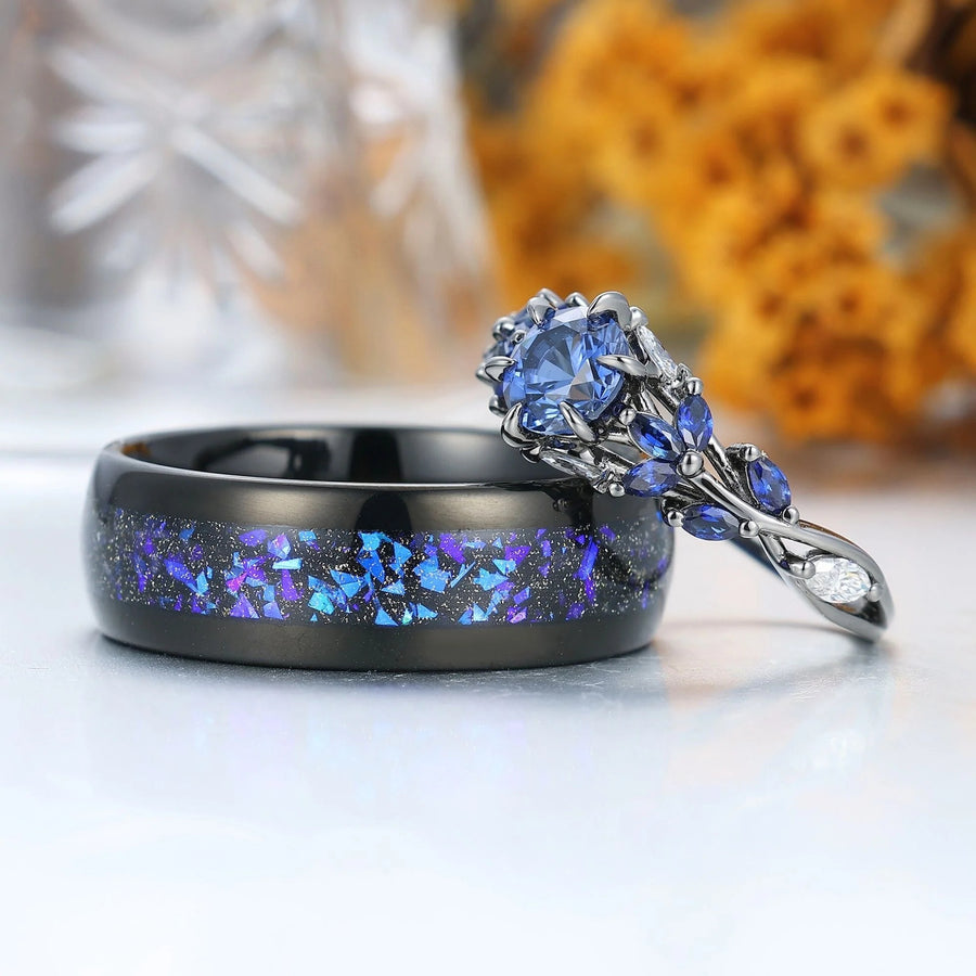 Unique Sapphire Sprigs Engagement His And Hers Wedding Bands Blue Polished Dome Tungsten Rings For Couples -  Esdomera.com