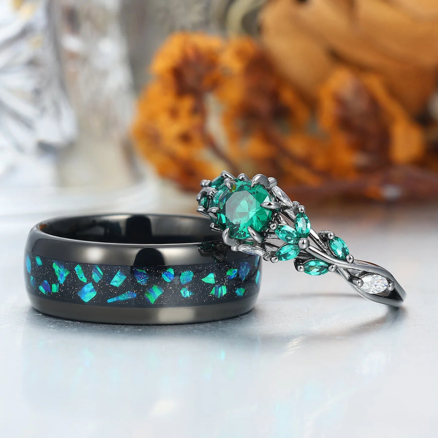 Round Cut Emerald Engagement Couples Ring Set And Peacock Opal Tungsten Matching Ring His and Hers Wedding Ring Set -  Esdomera.com
