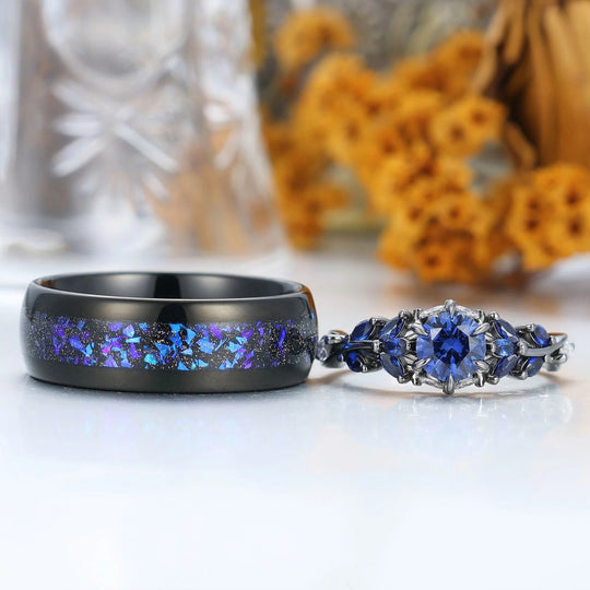 Unique Sapphire Sprigs Engagement His And Hers Wedding Bands Blue Polished Dome Tungsten Rings For Couples