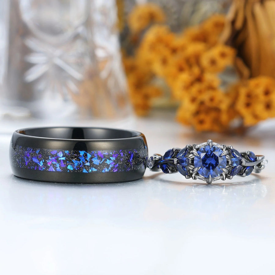 Unique Sapphire Sprigs Engagement His And Hers Wedding Bands Blue Polished Dome Tungsten Rings For Couples -  Esdomera.com