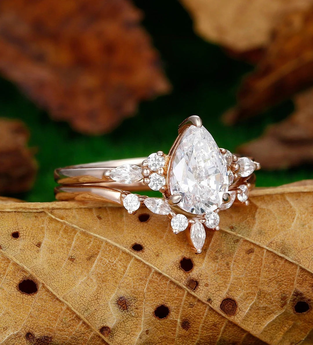 Ordine Personalizzato - Anello di Fidanzamento in Oro Rosa con Morganite Naturale Rosa a Forma di Pera da 1,5 Carati Set