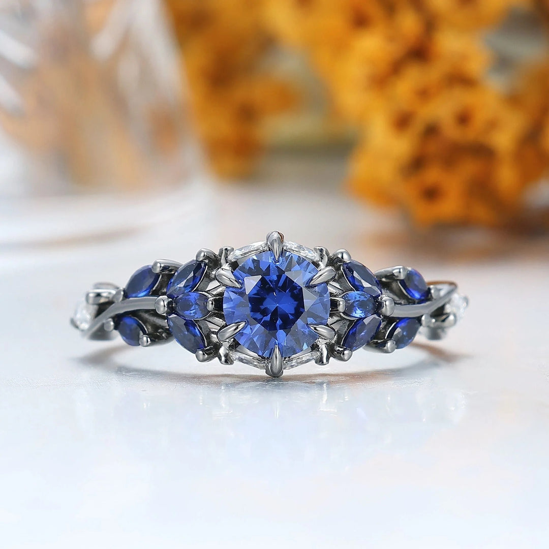 Unique Sapphire Sprigs Engagement His And Hers Wedding Bands Blue Polished Dome Tungsten Rings For Couples