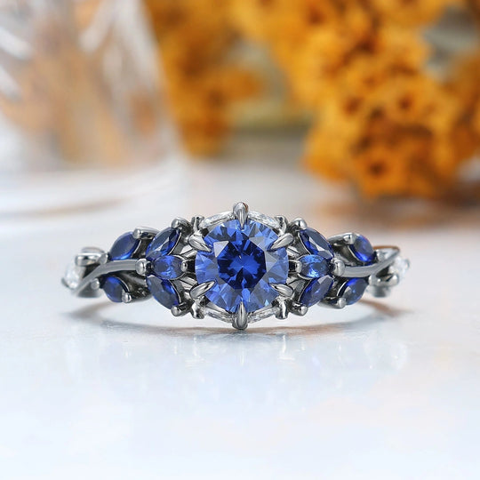 Unique Sapphire Sprigs Engagement His And Hers Wedding Bands Blue Polished Dome Tungsten Rings For Couples