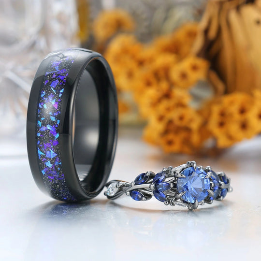 Unique Sapphire Sprigs Engagement His And Hers Wedding Bands Blue Polished Dome Tungsten Rings For Couples