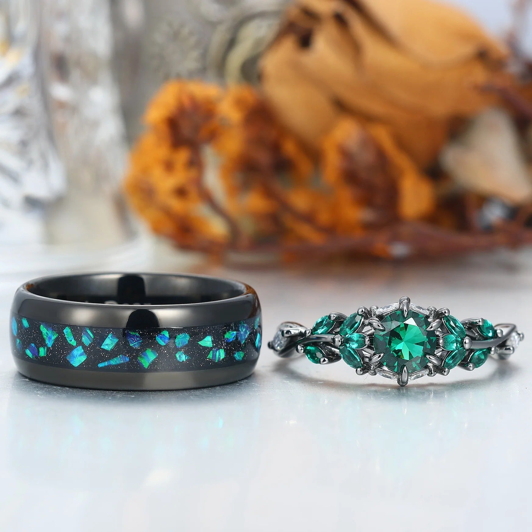Round Cut Emerald Engagement Couples Ring Set And Peacock Opal