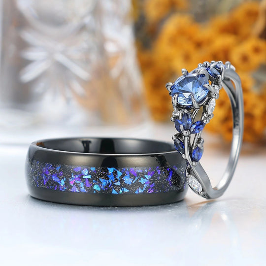 Unique Sapphire Sprigs Engagement His And Hers Wedding Bands Blue Polished Dome Tungsten Rings For Couples