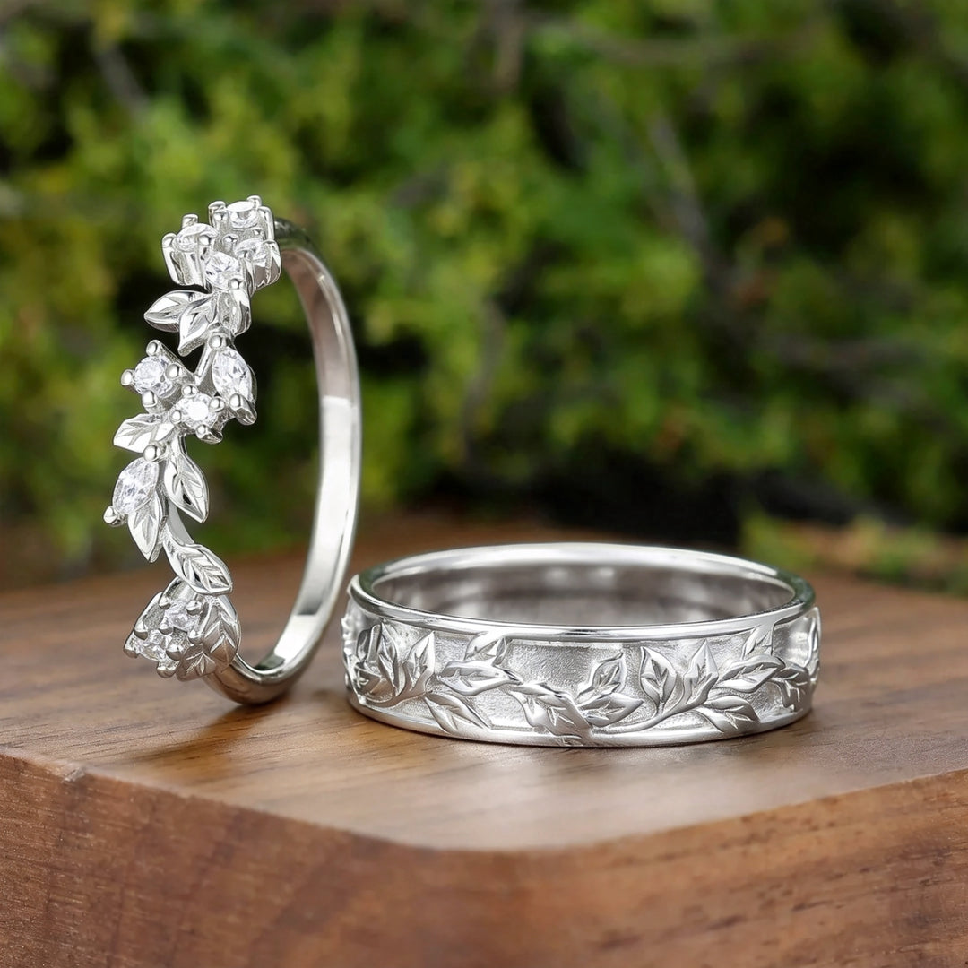 Moissanite Leaf Engraving Marriage Ring Set 2pcs Solid Gold Couple Rings Hand Carved Wedding Bands -  Esdomera.com
