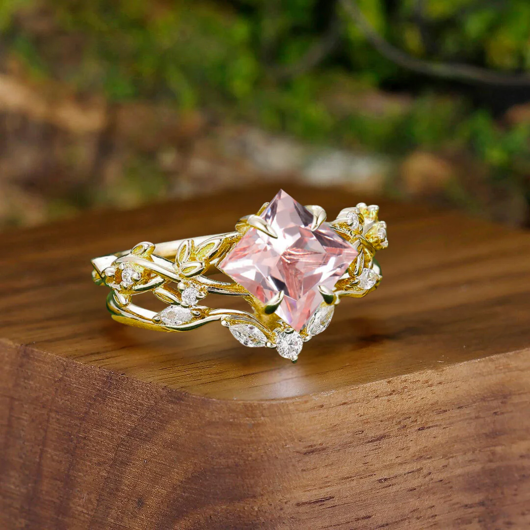 Custom Order-2CT Princess Cut Morganite Women Ring Set For 10K Gold Bridal Wedding Ring Set