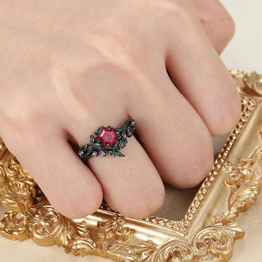 Splendido set di anelli da coppia con ramoscello di granato rosso per fidanzamento S925 e tungsteno abbinati