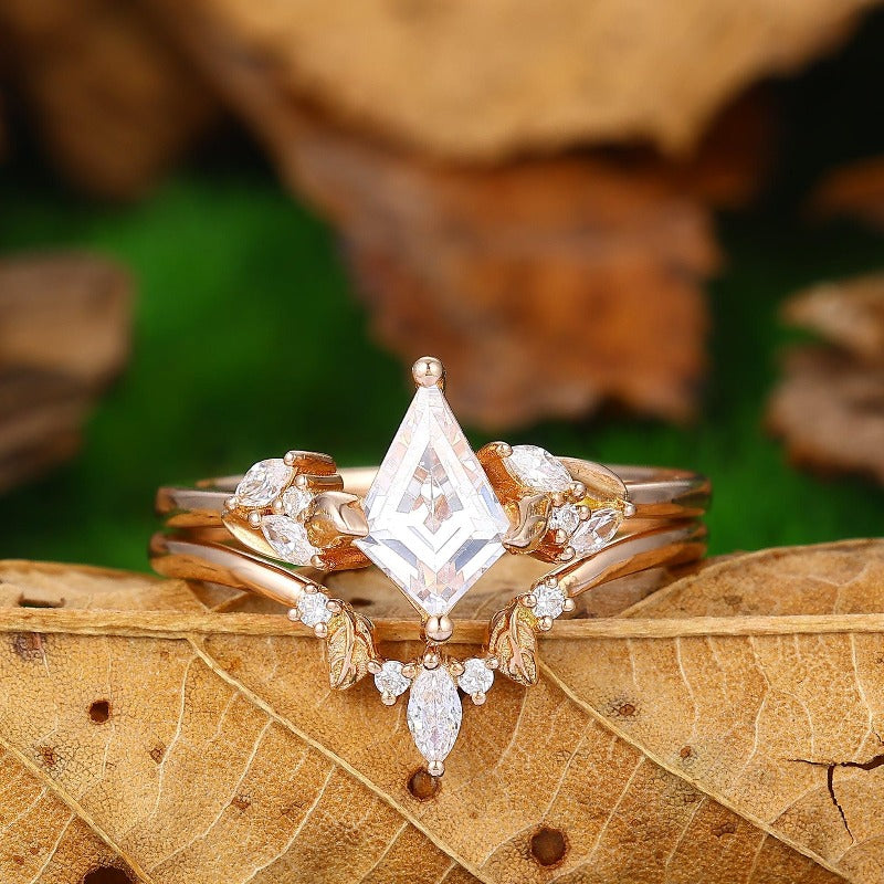 Kite Cut 1.35CT Moissanite Rose Gold Leaf Nature Inspired Art Deco Bridal Ring Set - Esdomera