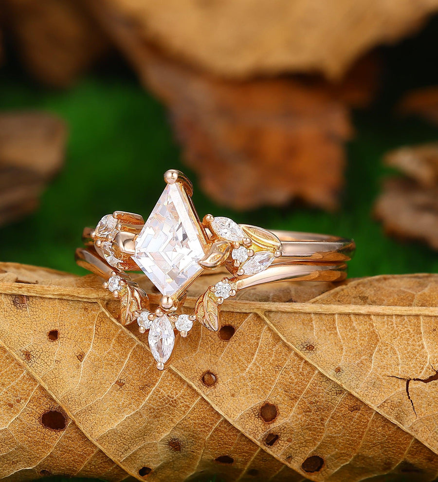 Kite Cut 1.35CT Moissanite Rose Gold Leaf Nature Inspired Art Deco Bridal Ring Set - Esdomera