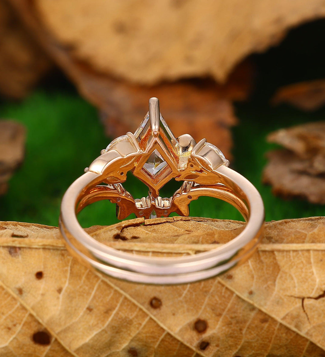 Kite Cut 1.35CT Moissanite Rose Gold Leaf Nature Inspired Art Deco Bridal Ring Set - Esdomera