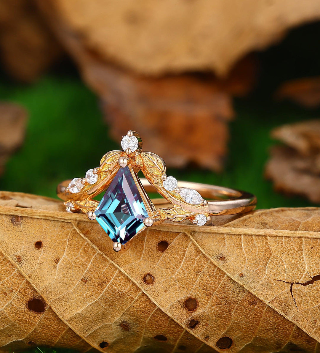 Kite Cut 14k Rose Gold Leaf Silver June Birthstone Unique