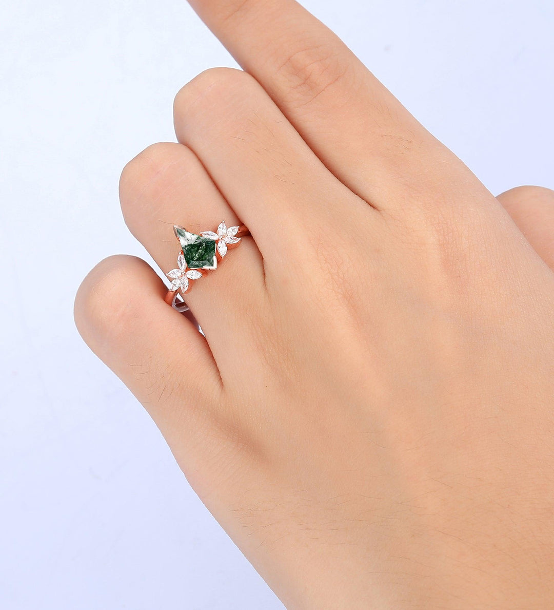 Kite Cut Moss Agate Engagement Ring Set 14k Rose Gold Art Deco Wedding Bridal Ring - Esdomera