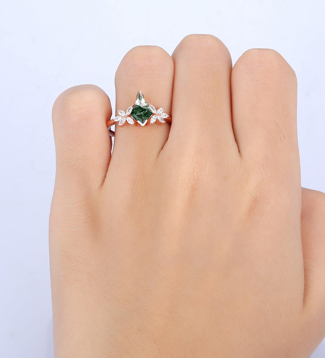 Kite Cut Moss Agate Engagement Ring Set 14k Rose Gold Art Deco Wedding Bridal Ring - Esdomera