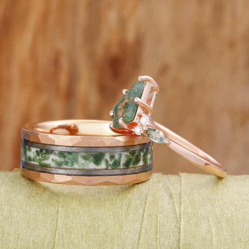 Kite Green Moss Agate Couples Ring Set Vermeil Rose Gold Natural Agate for Couple Unique Matching Wedding Ring - Esdomera