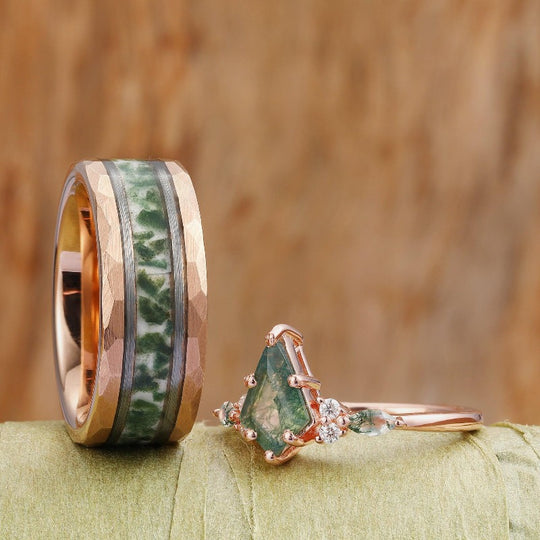 Kite Green Moss Agate Couples Ring Set Vermeil Rose Gold Natural Agate for Couple Unique Matching Wedding Ring - Esdomera