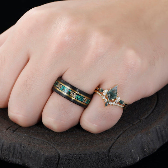 Kite Green Moss Agate His and Hers Wedding Band Unique Tungsten Couples Ring Set - Esdomera