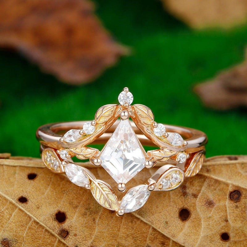 Kite Shaped 1.35CT Moissanite Nature Inspried Leaf Ring Unique Stacking Wedding Ring - Esdomera