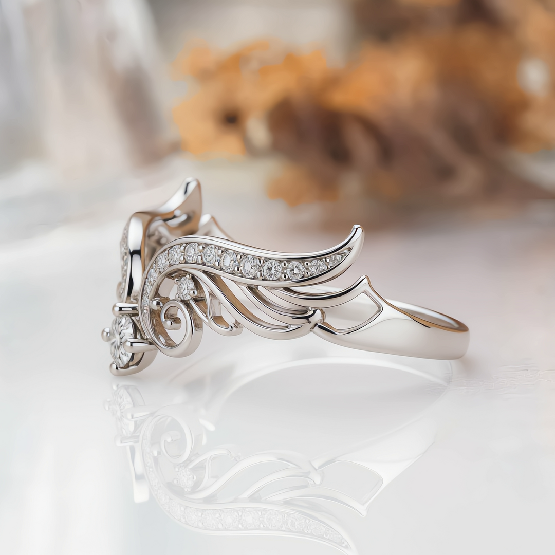 Delicate Angel Wing Moissanite Stacking Band 14K Solid Gold Ring